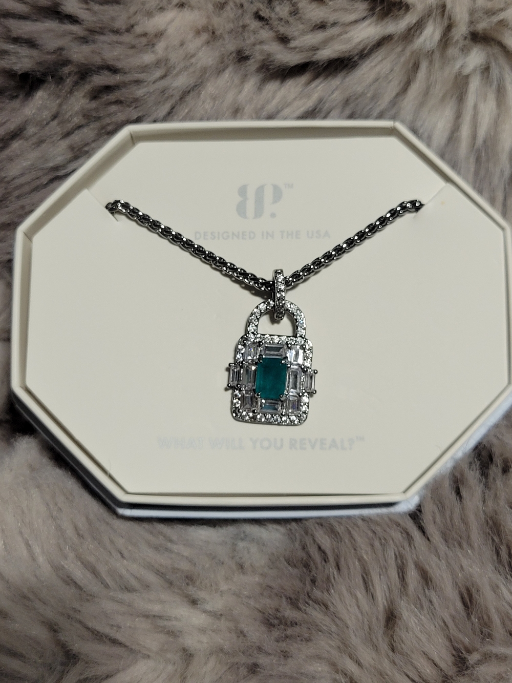 Lock Pendant Necklace with Deep Emerald Center in Silver-Tone